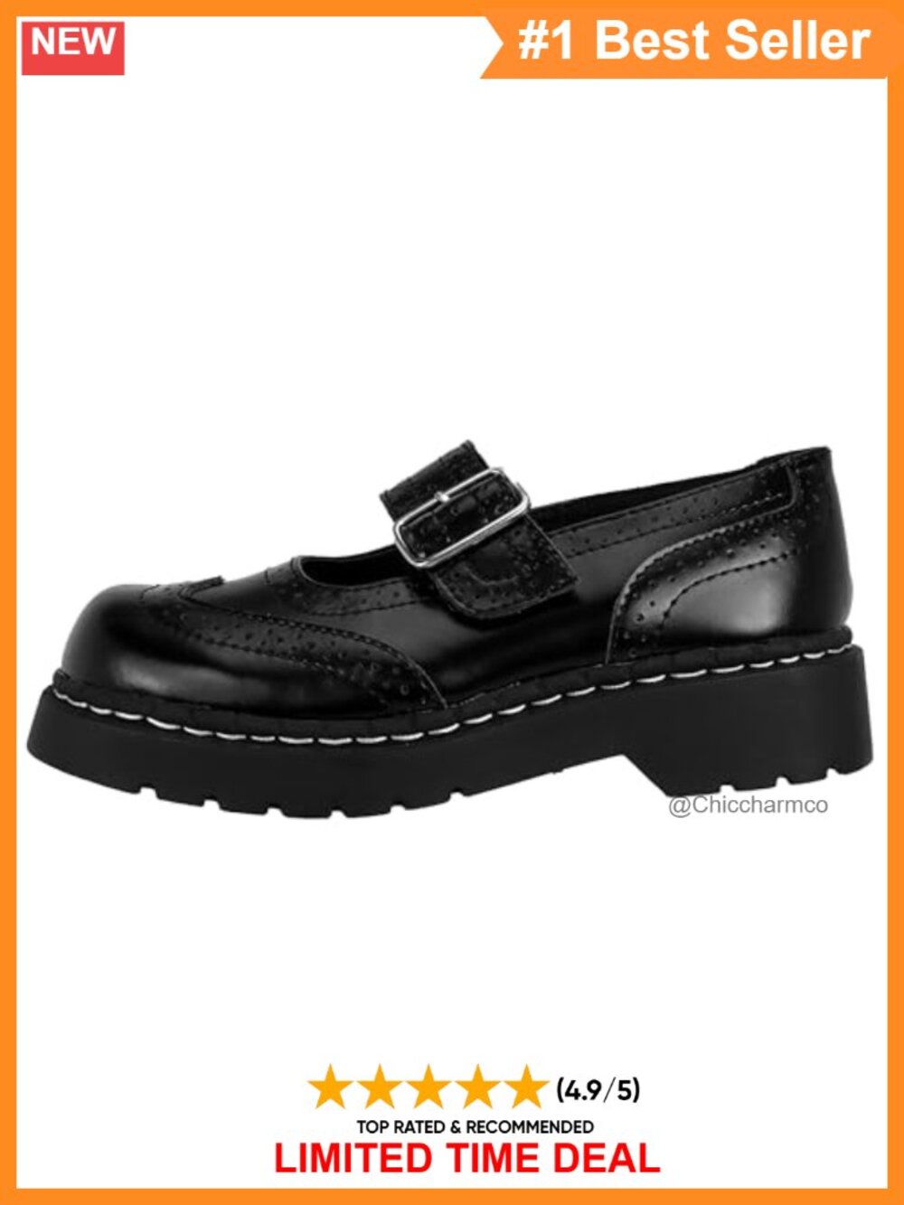Brogue Mary Jane Flats Leather Wingtip Buckle Strap Cushioned Insole